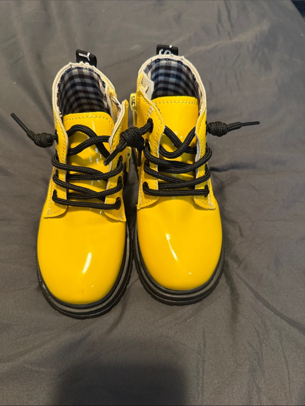Yellow Kids Lace-Up Glossy Ankle Boots